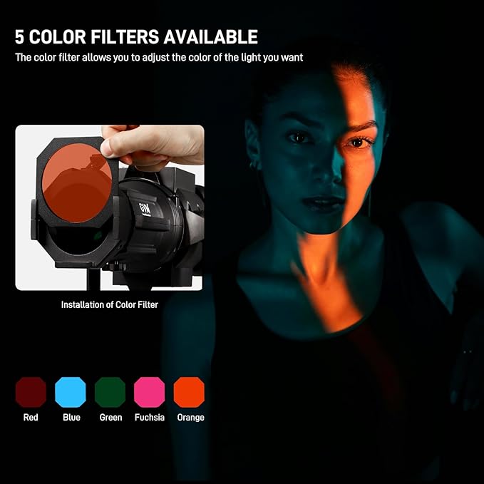 GVM Conical Optical Snoot Kit, Spotlight Snoot Photography with 40° Projection Lens, 30 Gobos and 5 Color Filters, Adjustable Focus Bowens Mount Snoot for Studio LED Video Lights Flash Up to 600W