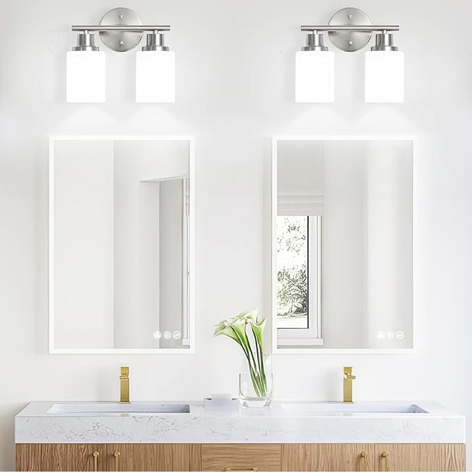 Guliaofo 2-Light Vanity Lights, Brushed Nickel Bathroom Light Fixture with Striped Textured Milky White Glass Shade, E26 Modern Vanity Lighting Fixture for Bathroom Wall Sconce Light Over Mirror