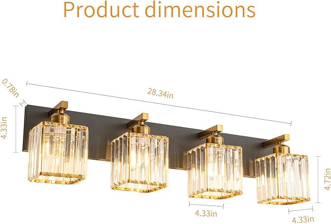 FDPBY Modern Bathroom Vanity Light 4-Lights Black Gold Crystal Bathroom Wall Light Vanity Light Fixtures，28.34-inch Modern Minimalist Design