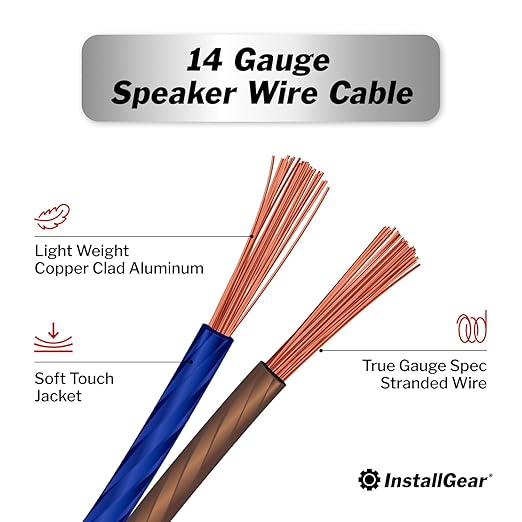 InstallGear 100ft 14 Gauge Speaker Wire with 12 Banana Plugs - Copper Clad Aluminum Cable for Clear Audio Sound - Easy-Install Car Speaker Wire and Home Theater Setup with Blue Black Jacket