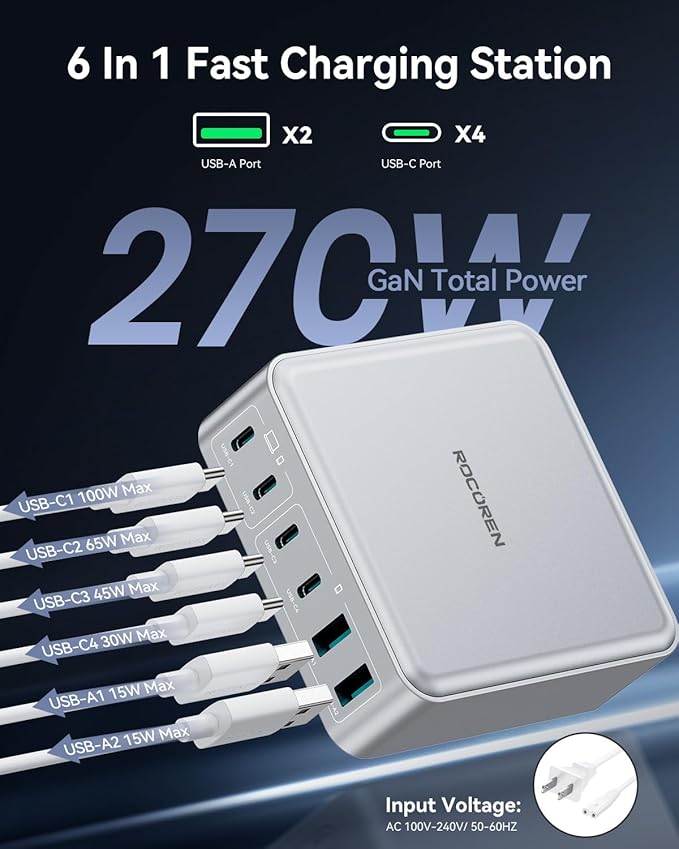 270W USB C Charger Block, Rocoren 6 Port Multi USB-C Charging Station,100W PD Fast USBC Gan Charger Station Hub Dock for Multiple Devices, Laptop Type C for MacBook/iPhone 17/iPad/Galaxy S25 (Sliver)