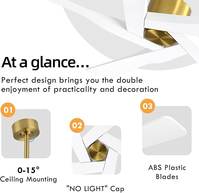 WINGBO 64" ABS DC Ceiling Fan No Light, 5 Blade ABS Plastic Ceiling Fan with Remote, 6-Speed Reversible DC Motor, Ceiling Fans without Light for Kitchen Bedroom Living Room, Brass and White