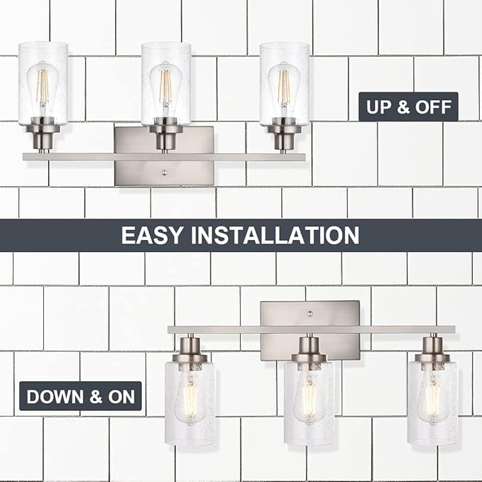 WINSHEN Bathroom Light Fixtures 3-Lights Seeded Glass in Brushed Nickel Finish, 23.6-Inches Vanity Lighting Bath Wall Mount Lamp for Kitchen Living Room Workshop