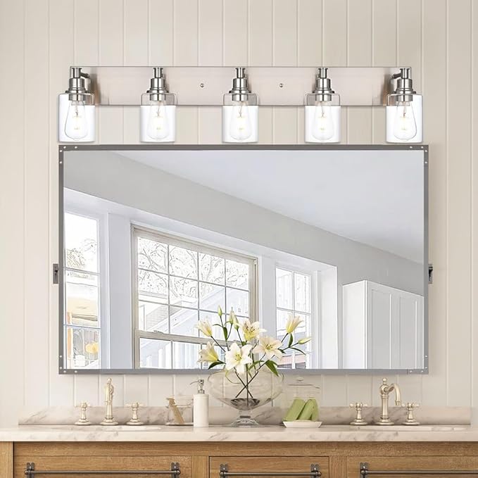 TODOLUZ 5-Light Vanity Light Fixture in Brushed Nickel, Clear Glass Bathroom Light Over Mirror, Modern Wall Sconce Lighting for Living Room