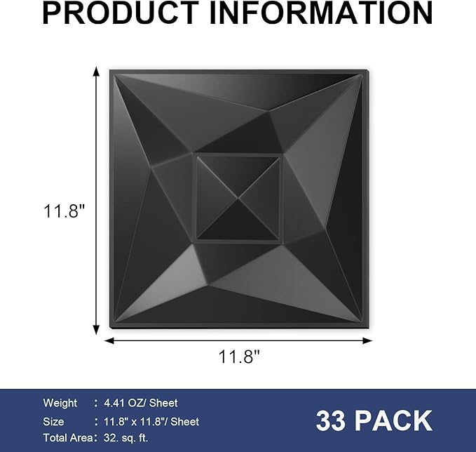 Greymond Black PVC 3D Wall Panels, 33 Pack 11.8''x11.8''Geometric Design for Modern Home Decor Upgrade, Textured Tile Decorative & Paintable for Living Room Lobby Bedroom Hotel Office