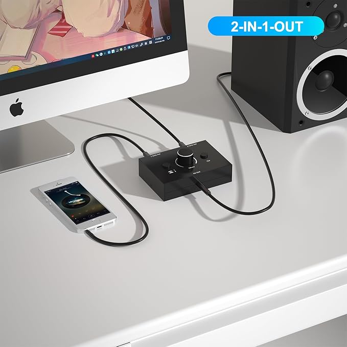 Dingsun 3.5mm Audio Switch, Stereo Audio Selector Box Passive Speaker Headphone Manual Selector with Volume Control (1 in-2 Out/ 2 in-1 Out)