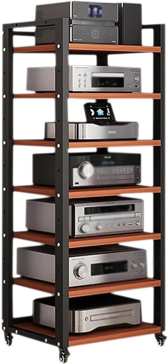 Dernoing 7 Tier Audio Rack Tower, CD Record Player Stereo Receiver AV Equipment Cabinet Display Rack, Weight Capacity 661 lbs, with Adjustable Wooden Shelves for Home (7 Tier Teakwood)