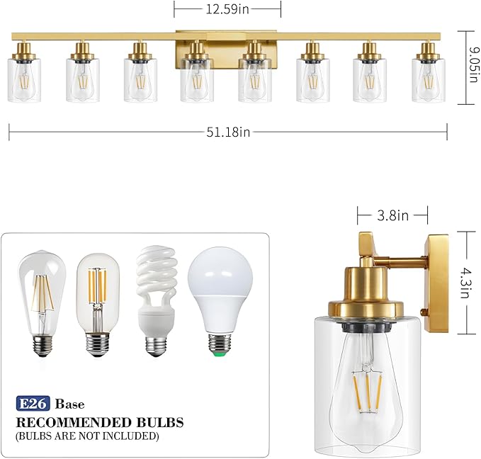 DIKAIDA 8 Light Gold Vanity Lights Over Mirror, 52inch Gold Bathroom Light Fixtures Modern Vanity Lights Gold Bathroom Wall Lighting for Mirror Bedroom,Living Room