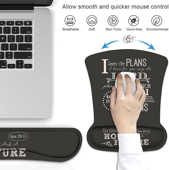 Ergonomic Mouse Pad Wrist Support and Keyboard Wrist Rest Set with Coasters, Non-Slip PU Base, Easy Typing and Relieve Wrist Pain, Perfect for Home Office Working Studying, Bible Verse Jeremiah 29:11