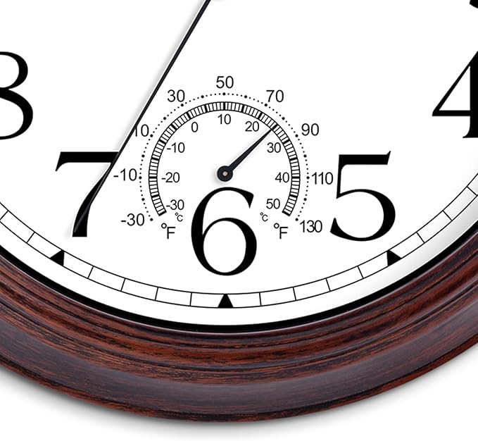 KECYET 14 Inch Outdoor Wall Clock with Thermometers, Vintage Silent Wall Clocks Battery Operated, Retro Non-Ticking Clock Decorative for Living Room, Patio, Kitchen, Office, Bathroom, Bedroom(Bronze)