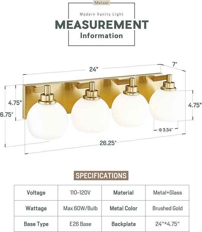 METWET Bathroom Light Fixtures, 4 Light Brushed Gold Vanity Light, 26 Inch Modern Wall Sconces with Globe Milk White Glass Shade, Vanity Lighting Fixtures Over Mirror, VL195-BG-ML-4