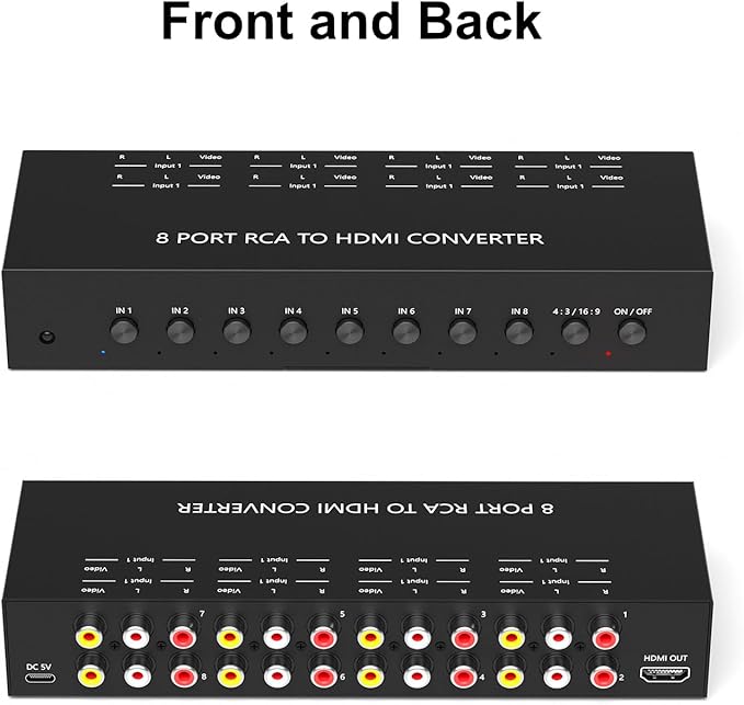 RuiPuo 8Port AV to HDMI Converter Adapter Support 16:9/4:3 Switch for Wii/N64/PS1/PS2/PS3/VHS/VCR/DVD Players etc (8Port RCA in to 1 HDMI Converter with IR Remote)