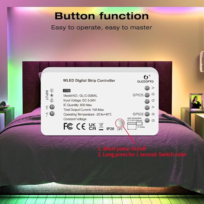 GLEDOPTO WLED Pre-Installed ESP8266 LED Strip Controller Over 100 Dynamic Lighting DIY WiFi APP Control 800 IC RGB IC for WS2812B WS2811 SK6812 TM1814 WS2813 WS2815 Addressable FCOB LED Light Strip