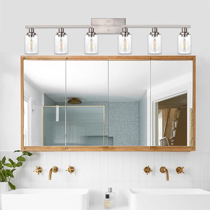 WINSHEN 6-Lights Bathroom Vanity Light Fixtures with Seeded Glass Lampshades, 45.3-Inches Length Modern Brushed Nickel Wall Light Fixture for Kitchen Bathroom Lighting