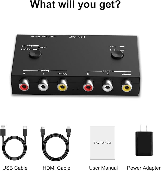 RuiPuo 2 Port RCA/AV to HDMI Converter Adapter Support 16:9/4:3 for WII/N64/PS1/PS2/PS3/VHS/VCR/DVD Players etc(2 AV in 1 HDMI Out)