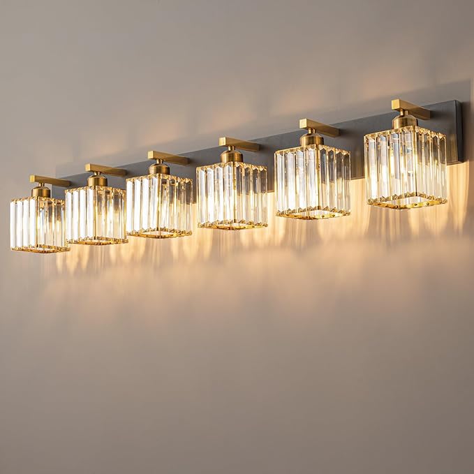 FDPBY Modern Bathroom Vanity Light 6-Lights Black Gold Crystal Bathroom Wall Light Vanity Light Fixtures，44.09-inch Modern Minimalist Design