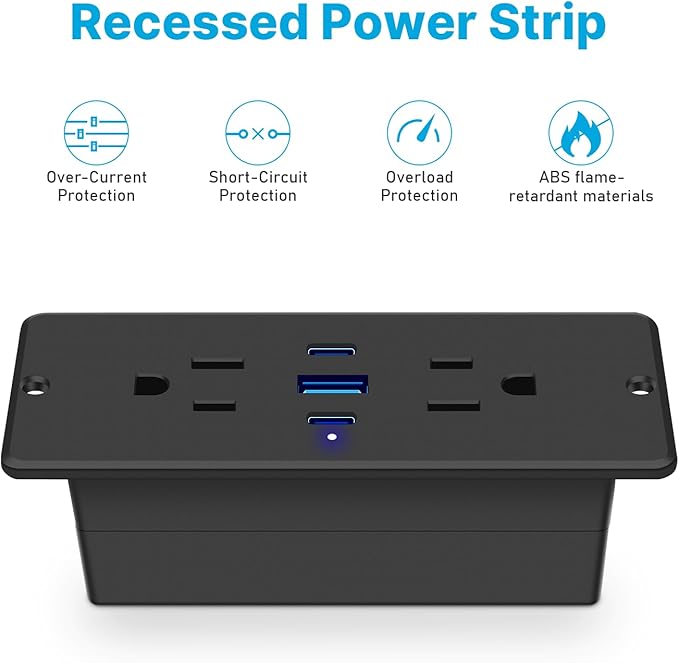 CCCEI Recessed Power Strip with Outlet and 65W USB C Ports, Furniture Flush Mount Power Strip, Small Desk Hidden Outlet for Conference Table, Nightstand, Black, 6FT.