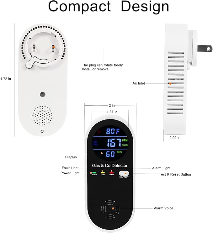 Hembisen Combination Natural Gas Detector & Carbon Monoxide Detector, 4-in-1 Carbon Monoxide Alarm,°F & Humidity,Propane,Methane,Gas Detector Alarm & CO Detector for Home,RV,Apartment