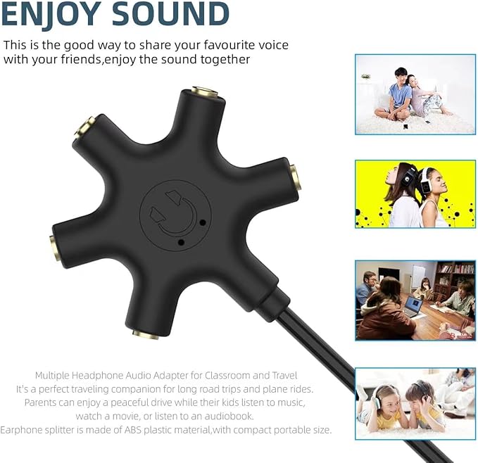 sovunis Multi Headphone Audio Splitter, 5-Way 3.5mm Jack Stereo Headset Adapter to Connect Up to 5 Devices for Mixing, Shared Experiences - for iPhone, iPad & More