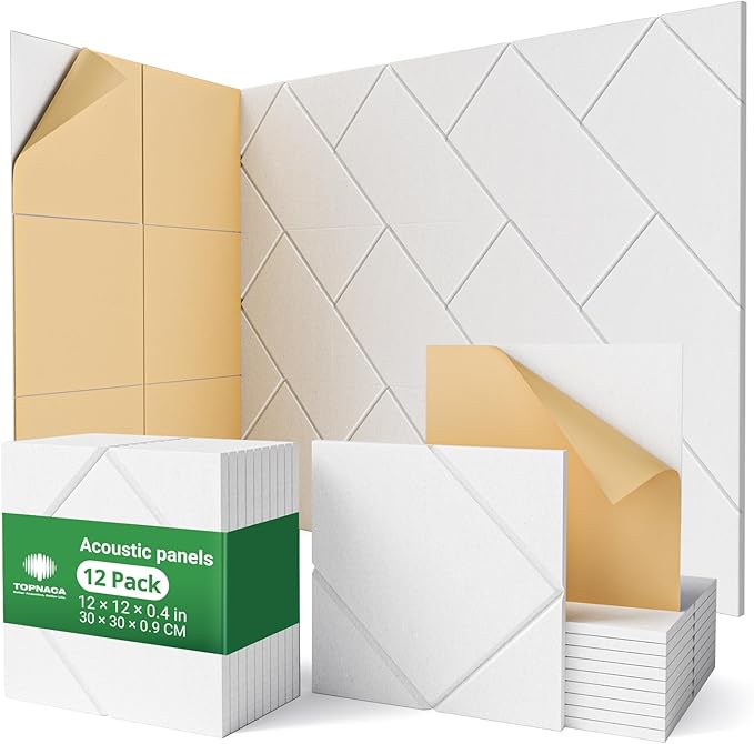 Topnaca Decorative Acoustic Soundproof Walls Panels for Room, 12 Pack White Self Adhesive Sound Absorbing and Noise Reducing Tiles for Studio, Bedroom, Home Office, Ceiling, Pared, 12"x12"x0.4"