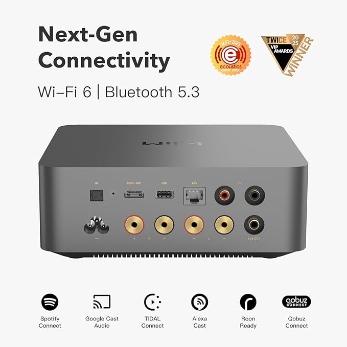 WiiM Amp Ultra with Voice Remote 2 | 100W Streaming Amplifier with Premium ESS ES9039Q2M DAC & Dual TI TPA3255 Amps | Built-in RoomFit EQ & Touchscreen | HDMI ARC, Optical, RCA Inputs | Space Gray