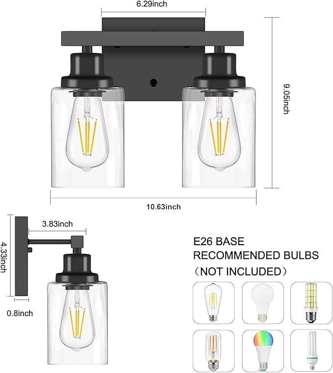 DIKAIDA Bathroom Vanity Light, 2-Light Modern Matte Wall Sconce Lighting with Clear Glass Shade, Wall Lights,Bath Vintage Wall Mounted Lamps for Mirror Bedroom Living Room