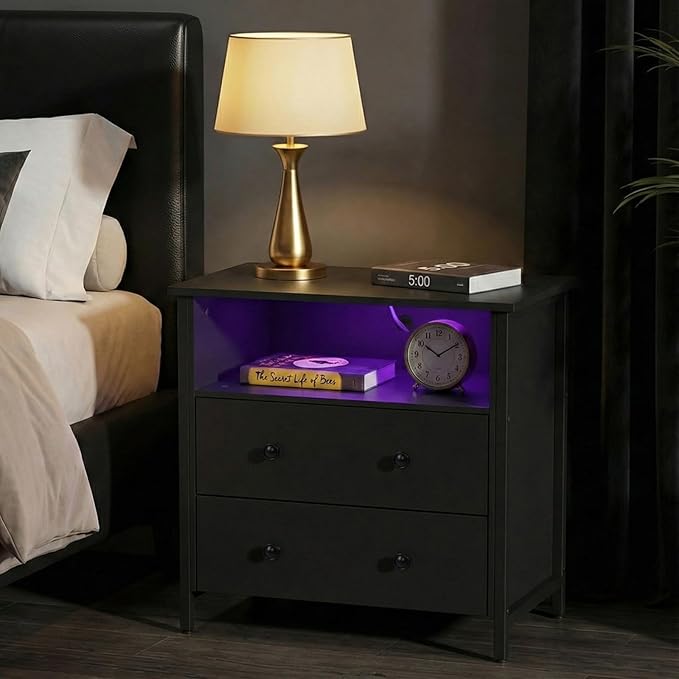 Tykacna 27 Inch Wide Night Stand, Large Wood Night Stand with 2 Drawer, LED Nightstand with Charging Station and Adjustable Drawer, Bedside Table for Living Room/Bedroom/Study/Office, Black.