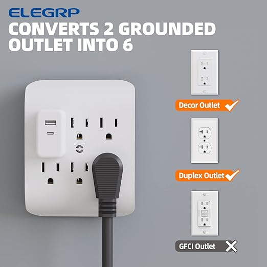 ELEGRP 6-Outlet Extender with Central Anchor, 3-Prong Grounded Wall Tab, Multiple Outlet Extender with 6 Electrical Outlets, ETL Listed, 3 Packs, White