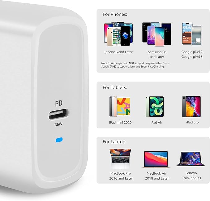 Amazon Basics 65W One-Port GaN USB-C Wall Charger with Power Delivery PD, Foldable Plug, for Laptops, Tablets & Phones, White