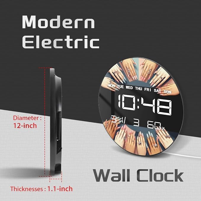 Timethink 12 Inch Nail Salon Digital Wall Clock Large Display, Nail Room Electric Wall Clock Auto-Brightness, Date, Temperature, 12/24hr, USB Powered for Nails Studio Beauty Salon Nail Technician Gift