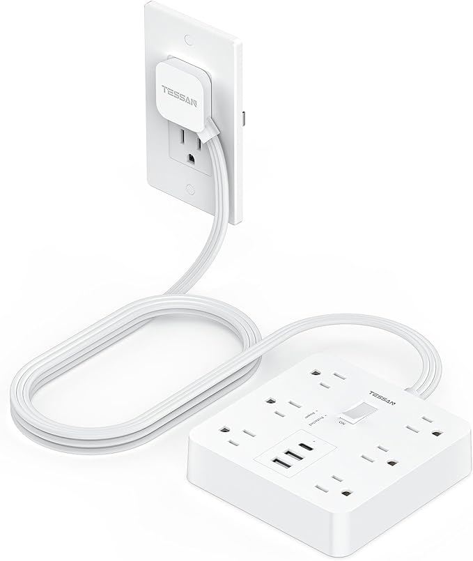 Surge Protector Power Strip with 1700 Joules Protection, TESSAN 5FT White Extension Cord with 6 AC Outlets, 3 USB Ports(1 USB C), Multiple Outlets Flat Plug Power Strip, for Home Office Dorm