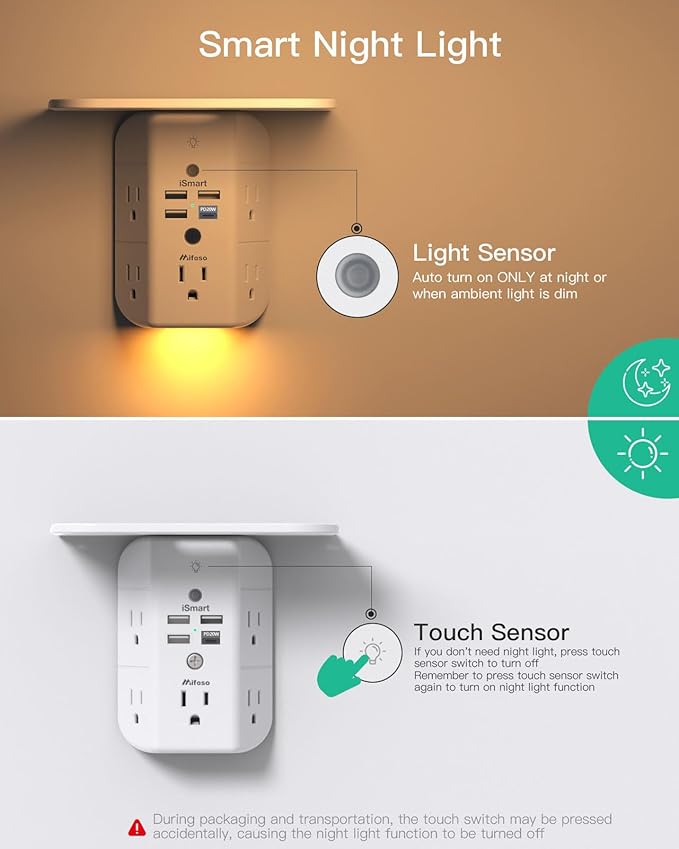 PD20W Wall Outlet Extender, Outlet Splitter with Shelf and Night Light, USB Wall Charger with 5 AC Outlets and 3 USB A Ports 1 USB C Ports Wide Space 3-Sided Power Strip Multi Plug Outlets