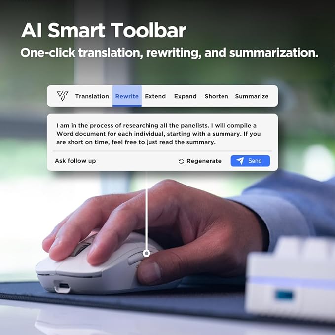 Virtusx Jethro AI Mouse - Voice & Audio Recorder for Lecture & Meeting, Centralized Software with Voice Typing, Writing Tools, Transcribe, Translate & Summarize, Wireless Mouse for Computer, Laptop