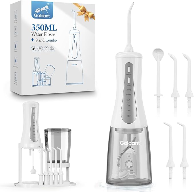 GOLDANT 350ML Water Flosser with Drainage & Storage Stand, Keeps Dry & Clean, 5 Modes, 360°Nozzle, Cordless Rechargeable, IPX7 Waterproof, Portable for Home & Travel (White)