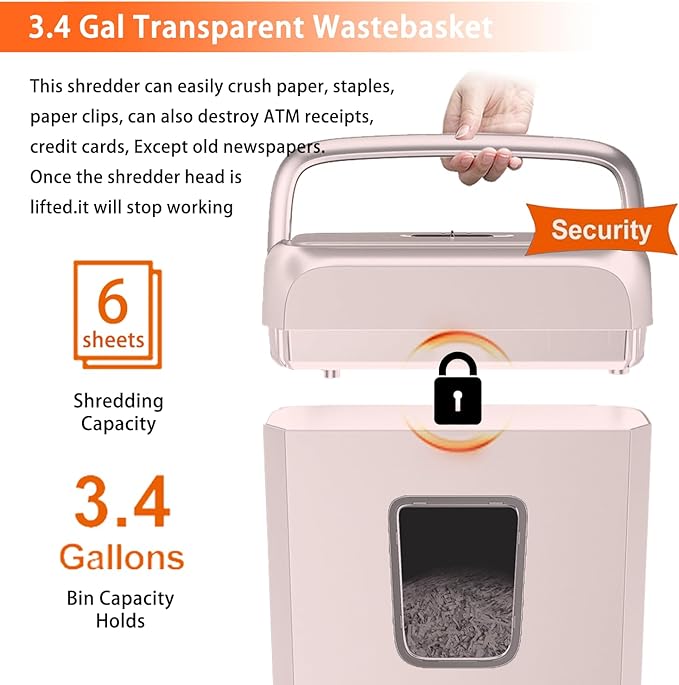 Bonsaii Compact Design for Business Paper Shredder, 6-Sheet Cross-Cut, Credit Card Shredder, Home Office, Handle for Document, Mail, Staple, 3.4 Gal Wastebasket, Pink
