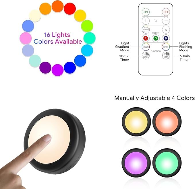 Yiliaw 3 Pack LED Puck Lights Remote Control 16 Color Changeable Under Cabinet Lights, Battery Operated Lights Night Light with Dimmer & Timmer for Closet Bedroom Kitchen, Black
