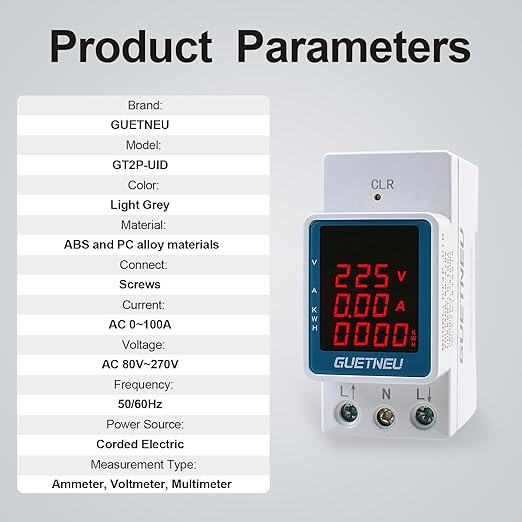 GUETNEU Digital Display Energy Meter Energy Tester Electricity Usage Monitor AC Rail-Mounted Meter GT2P-UID, AC 80~270V, 0~100A, 50/60Hz. Used to Measure AC Voltage, Current and Energy Consumption