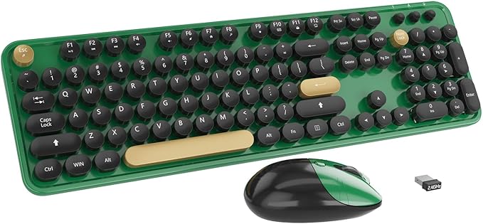 Kootop Wireless Keyboard,Cute Colorful 104 Keys Typewriter Retro Round Keycaps Keyboard for PC Laptop,Desktop,Windows, Home and Office Keyboards (Black Green)
