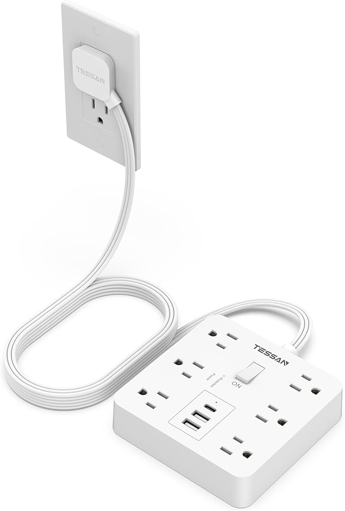 1700J Surge Protector Power Strip, TESSAN 10Ft Extension Cord with Multiple Outlets, Outlet Extender with 6 AC, 3 USB Ports(1 USB C), Charging Station for Home Office Dorm Room Essentials, White