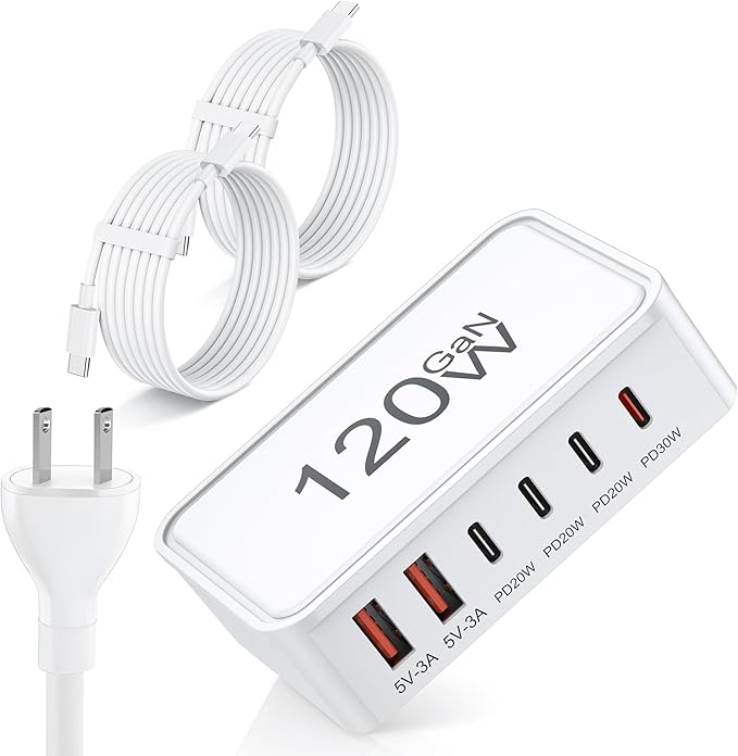 USB C Charger Block, 120W GaN 6-Port Charging Station, 5FT Cord Type C Charger Fast Charging for iPhone 17/16/15/14, iPad, Galaxy, Pixel,etc