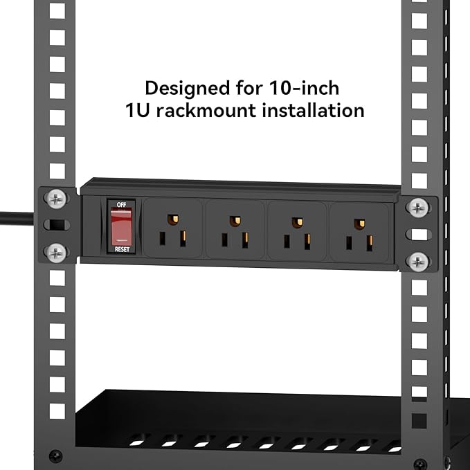 10" Rack PDU- 1U (4Outlets) 10-inch Mini Rack Power Distribution Unit with Protection (125V/15A 6ft Cable), Network Cabinet Rack Mount Power Strip (Wall, Desktop, or Server Rack Mountable)