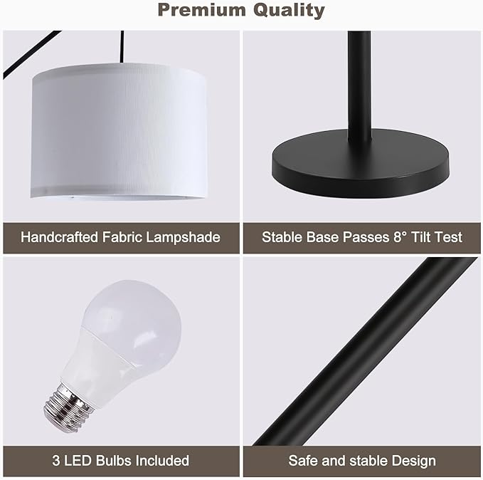 Fansdrick Floor lamp with Remote, 3 Light Arc Floor Lamps for Living Room, 2400LM Tall Standing Floor Lamps with White Shades, 80" Large Floor Lamp for Bedroom, Office