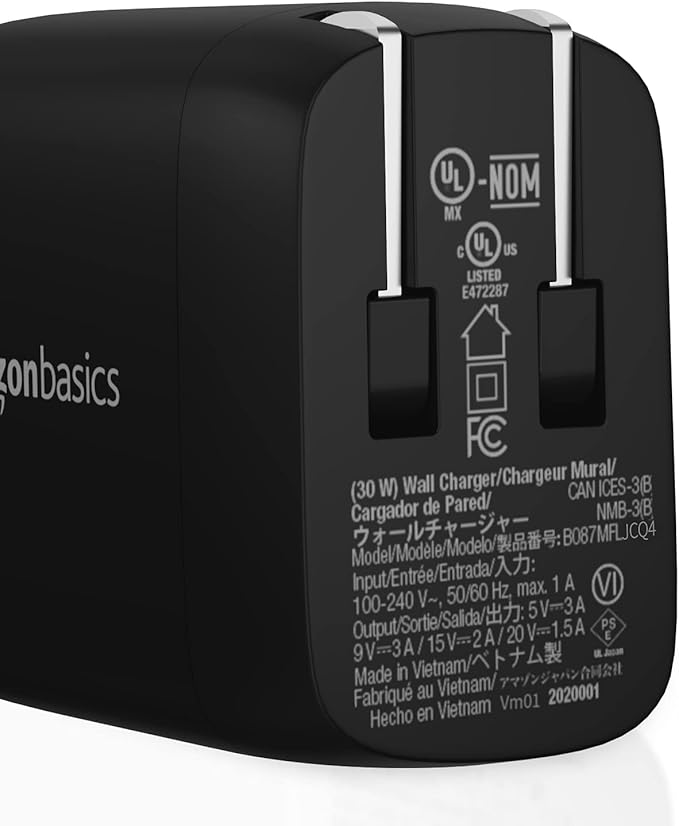 Amazon Basics 30W One-Port GaN USB-C Wall Charger with Power Delivery PD for Tablets & Phones (iPhone 16/15/14/13/12/11/X, iPad, Samsung, and More), Non-PPS, Black