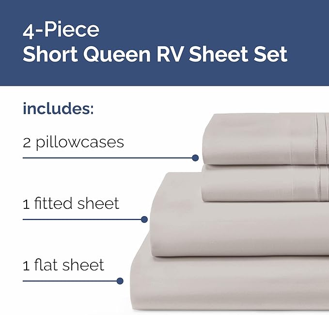 RV Short Queen Sheet Set 60 X 75 - 4 Piece RV Short Queen Bed Sheets - Soft, Breathable & Cooling - Designed for Bunks, Trailers & Camper - Fits 8” to 12" Mattress - Hotel Luxury Bedding - Light Grey