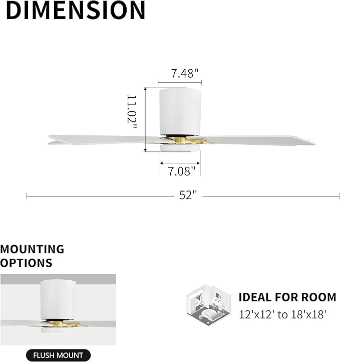 WINGBO 52" DC Flush Mount Ceiling Fan with Lights, 5 Plywood Blades, 6-Speed Reversible DC Motor, 3CCT, Low Profile Hugger Ceiling Fan for Living Room Bedroom Kitchen, White and Brass