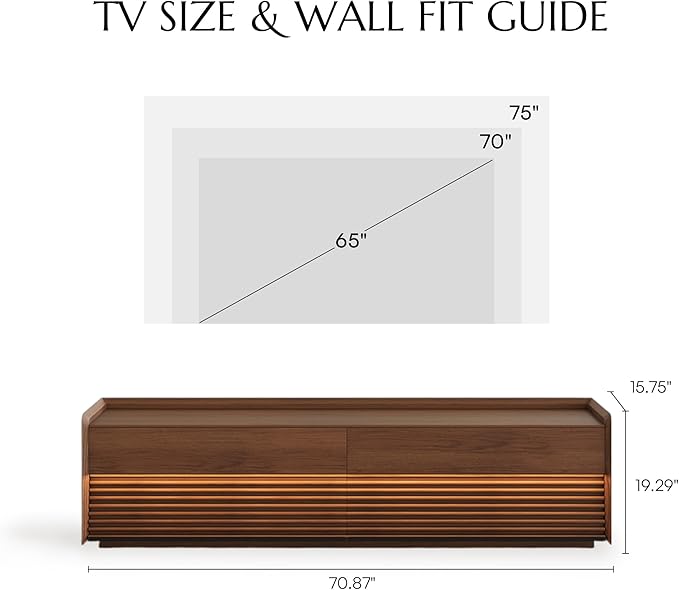 POVISON Fully-Assembled Mid Century Modern TV Stand, 70.87" Wood Media Console with Adjustable LED Light, Entertainment Center with Storage for Living Room