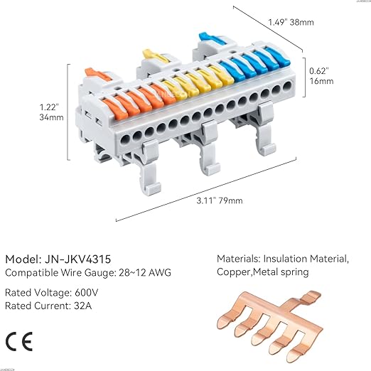 JANDECCN 4pcs DIN Rail Terminal Blocks, DIY Splicing Wire Connectors for Circuit Inline 28-12AWG (3 in 15 Out)