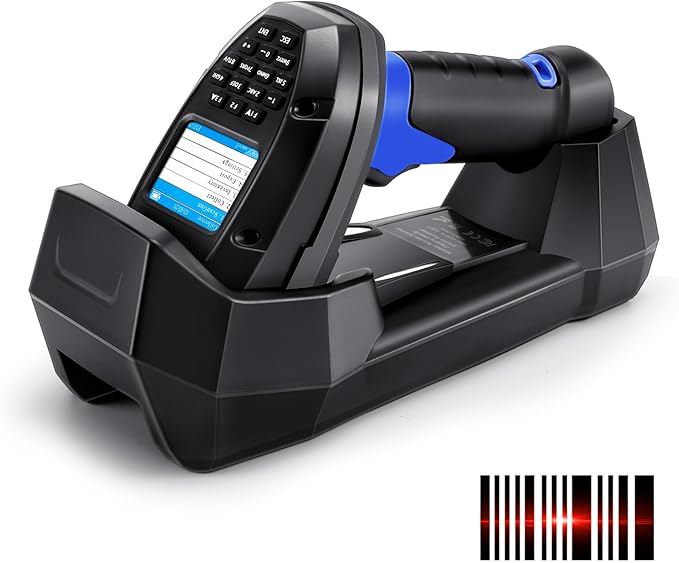 Inventory Scanner Wireless, JRHC 1D Laser Barcode Scanner with Charging Base Barcode Reader Data Terminal Data Collector 2- in -1 USB Connection & 2.4G Wireless Bar Code Scanners with Screen