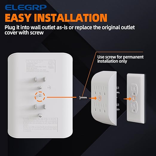 ELEGRP 6-Outlet Extender with Central Anchor, 3-Prong Grounded Wall Tab, Multiple Outlet Extender with 6 Electrical Outlets, ETL Listed, 3 Packs, White