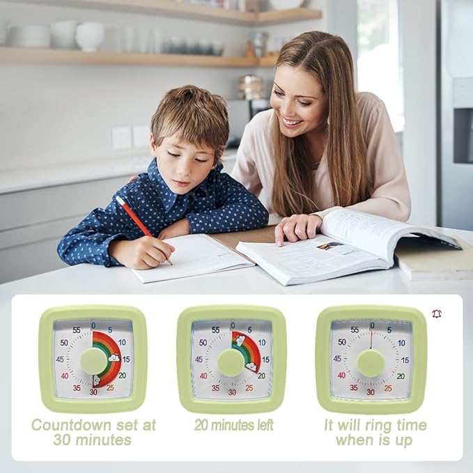MEPHILIMIA Green Visual Timer 60 Minute Countdown Timer Desk Timer Kids Time Management Tools with Quiet Operation Pomodoro Timer for Home Kitchen Classroom